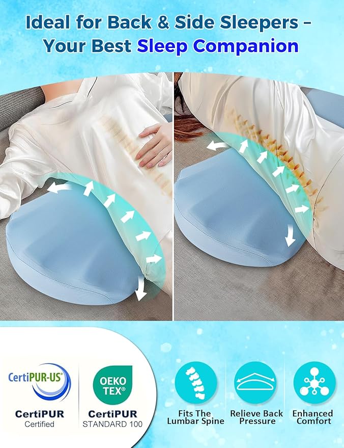Lumbar Support Pillow for Bed – Memory Foam Lower Back Pain Relief Pillow for Sleeping, Ergonomic Lumbar Pillow for Side & Back Sleepers, Sciatica & Hip Pain Relief, Washable Cooling Cover