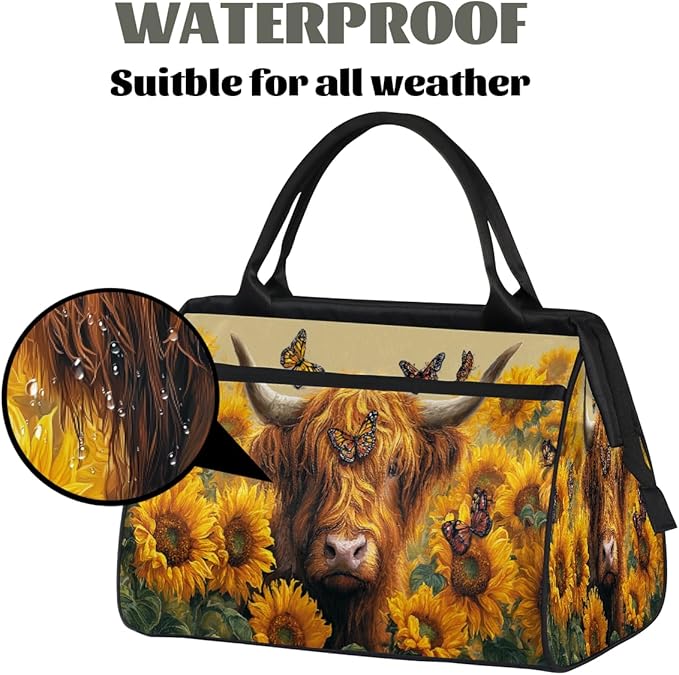 Sunflower Cow Butterfly Travel Duffel Bag, Waterproof Sports Gym Duffle Bag, Large Capacity Weekender Carry On Overnight Bags for Women Men