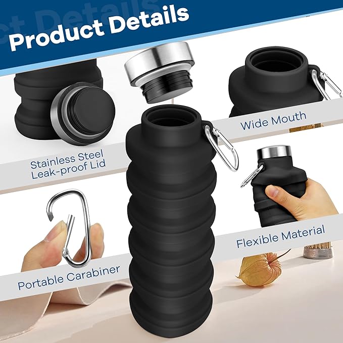 Collapsible Water Bottles 17oz, Portable Leak-Proof Travel Water Bottle, Reusable BPA Free Silicone Foldable Water Bottle with Carabiner for Gym, Traveling, Camping, Hiking, Sports(Black+Pink)
