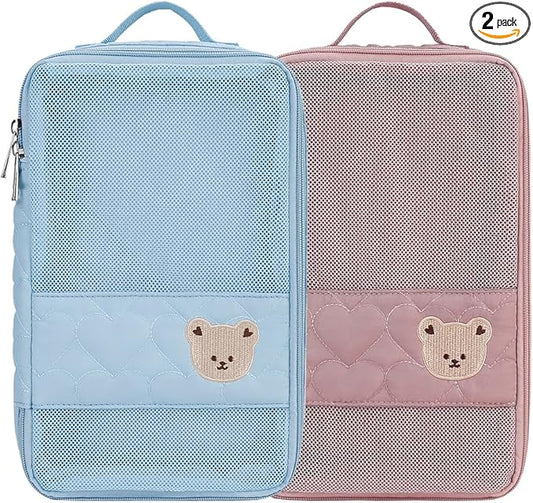 Baby Diaper Bag Organizer Pouches - 2 Pack Waterproof Pod Hanging Diaper Bag Cute Bear Mesh Bag Reusable, Washable or Baby Cloth Diapers (Pink&Blue)