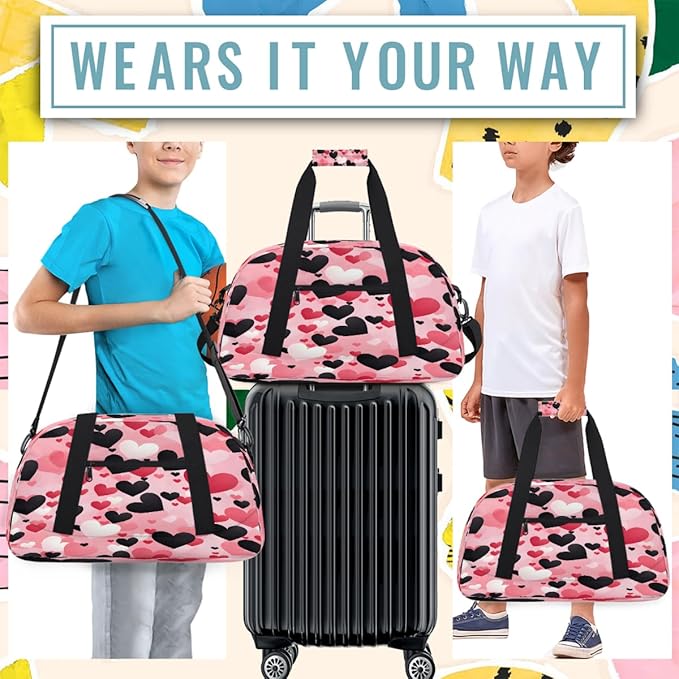 Travel Duffle Bag, Pink Black Heart Waterproof Weekender Overnight Bags for Women Men Lightweight Carry on Duffle Gym Bag for Travel, Sports, Fitness, Workout