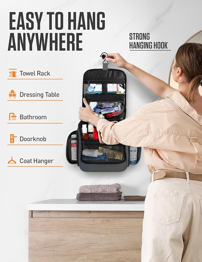 VENTURE 4TH Hanging Travel Toiletry Bag for Women & Men – Large Toiletry Organizer with 18 Compartments, Removable TSA Pouch, Travel Wash Bag for Toiletries, Makeup & Shaving Kit (Gray)