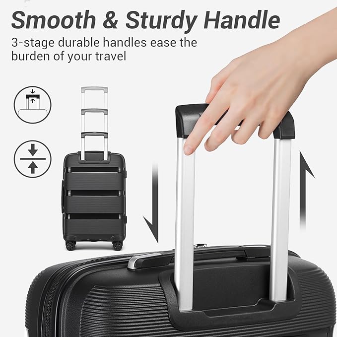 Kono Carry On Luggage 24 Inch Checked-Medium Hard Shell Travel Trolley 4 Spinner Wheels Lightweight Polypropylene Suitcase with TSA Lock, Black