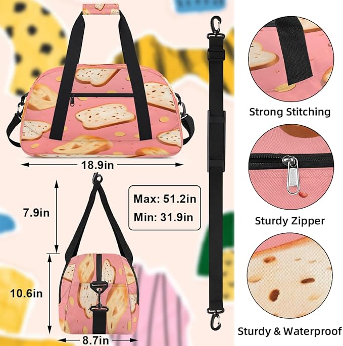 Duffle Bag for Women Men, Pink Bread Gym Bag for Travel Sports, Lightweight Waterproof Weekender Overnight Bags with Adjustable Strap