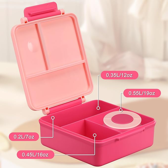 Itslife Bento Lunch Box for Kids with 8oz Soup Thermo&Lunch Bag, Leak-Proof Lunch Food Containers with 4 Compartment, Hot Food Insulated Food Jar for Kids School (Pink&Grey)