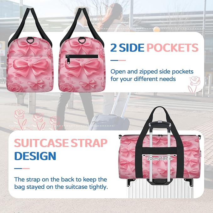 Pink Flower Bow Travel Duffle Bag for Women Men, Overnight Weekender Bag, Carry on Tote for Sport Gym