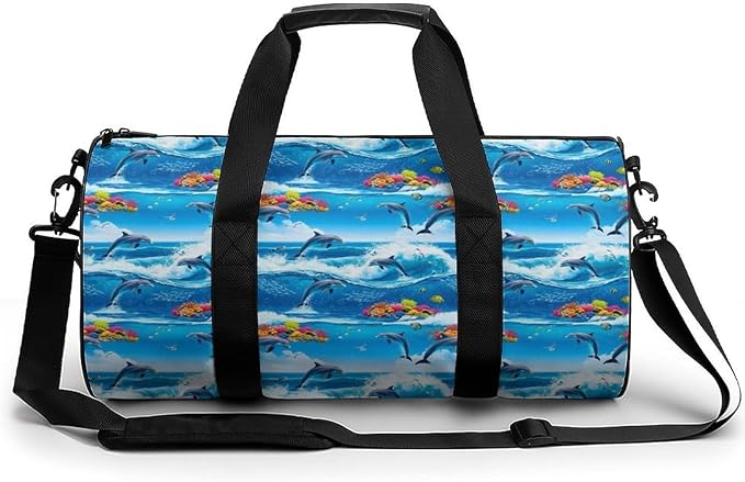 Basketball Football Weekender Bag Strong Waves Jumping Dolphin Great Ocean Wave Blue Carry on Beach Yoga Overnight Luggage Bag Sports Gym Bags for Men Women