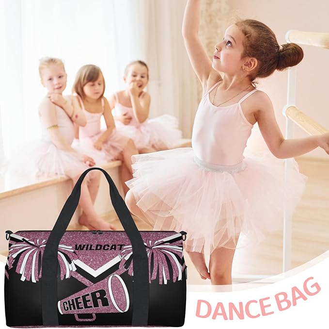 Custom Gym Dance Bag Cheerleading Theme, Personalized Dark Pink Glittering Cheerleader Sports Bag for Teens Waterproof Weekender Carry Practice Travel Tote