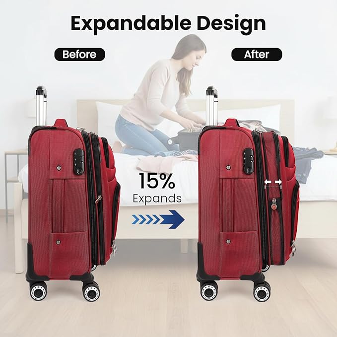 Softside Luggage Sets 2 Piece,Expandable15% Lightweight Durable Suitcase Sets Double Spinner Wheels & w/Combination LOCK（Red,20in/30in）