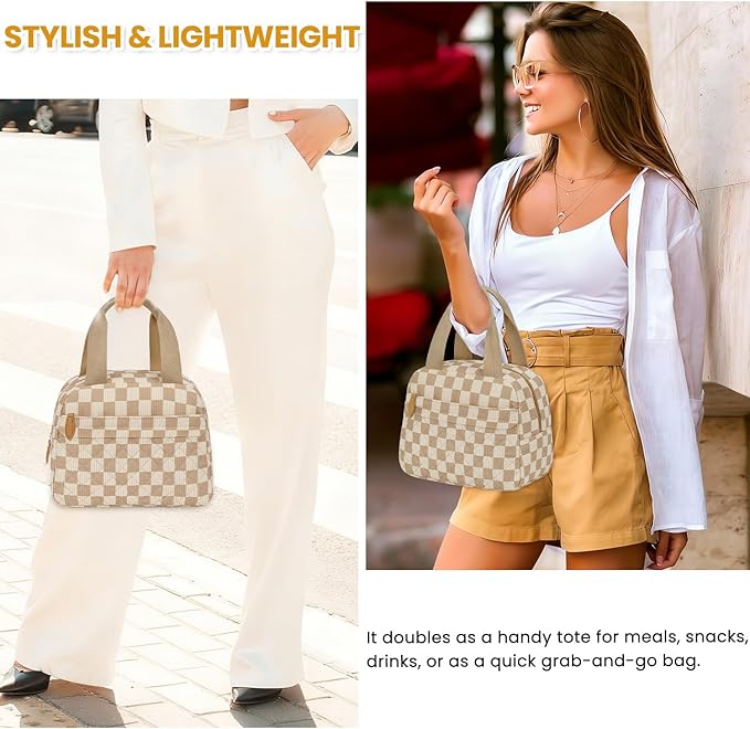 Insulated Lunch Bag for Women, Portable Lightweight Lunch Box for Adults, Reusable Small Lunch Tote Cooler Bags with Front Zipper Pocket for Work School Picnic(Corduroy Khaki Checkered)