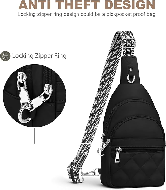 Sling Bag for Women, Anti-Theft RFID Crossbody Bag Nylon Sling Purse for Travel, Puffy Small backpack for Daily Hiking Sports Black