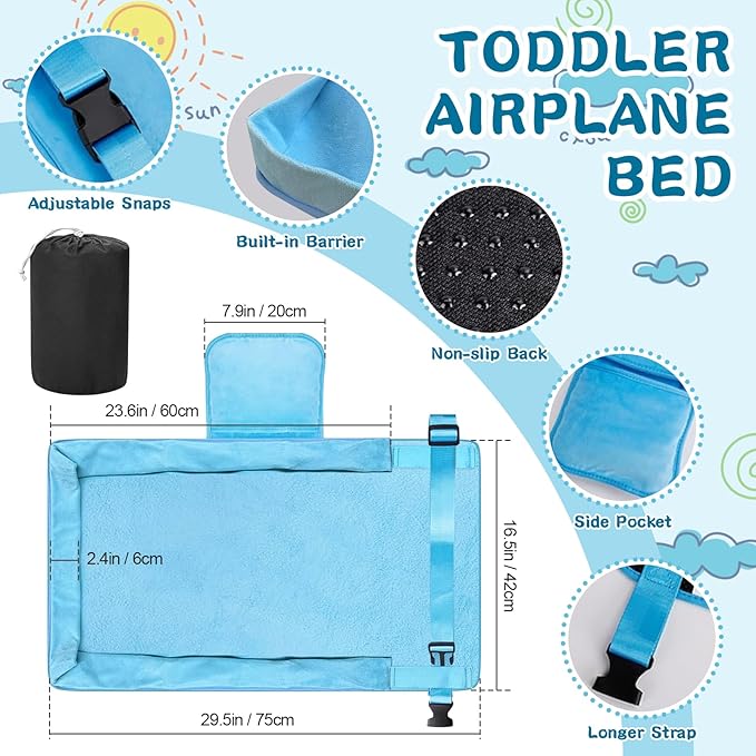 Toddler Airplane Bed - Airplane Seat Extender for Kids - Barrier Designed Flyaway Kids Bed Airplane with Pockets - Portable Plane Bed Foot Rest for Flights Travel Essentials Blue