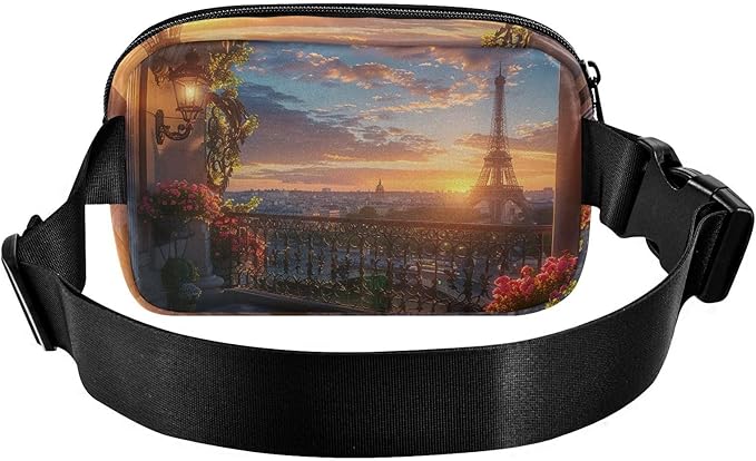Paris Balcony View Eiffel Tower Fanny Pack for Women Men Water Resistant Fashion Waist Packs with Adjustable Strap Belt Bag for Travel Workout Jogging Hiking 21220605