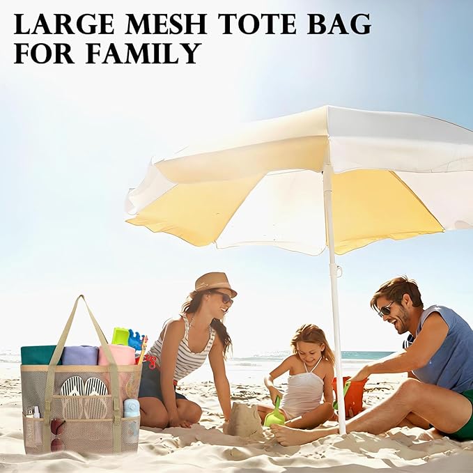 Mesh Beach Bag, Large Beach Tote with Zipper Pocket, Toys Pool Bag for Family Travel Vacation Cruise Essentials