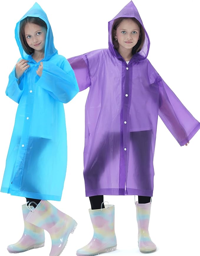 2 Pack Raincoats for Kids, Reusable Rain Ponchos with Hood and Sleeves Rain Coats for Boys and Girls