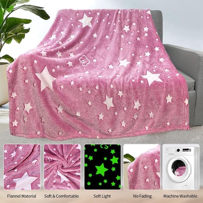 Star Blanket for Girls, Pink Blankets Women, Glow in The Dark Blanket, Cute Teen Personalized Adults/Kids,Soft Fleece and Throw,Birthday Gifts 50inx 60in