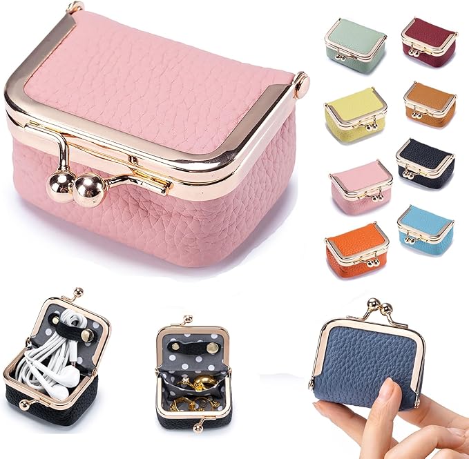 Genuine Leather Mini Jewelry Box & Coin Purse for Women, Travel Jewelry Case with Kiss Lock, Holds Earrings, Rings, Necklace, Bracelet, Coins (Pink)