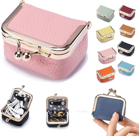 Genuine Leather Mini Jewelry Box & Coin Purse for Women, Travel Jewelry Case with Kiss Lock, Holds Earrings, Rings, Necklace, Bracelet, Coins (Pink)