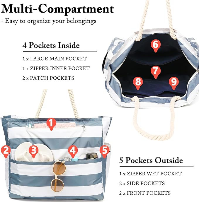 Large Canvas Beach Bag for Women, Beach Bags Waterproof Sandproof with Zipper & Wet Bag Cruise Essentials