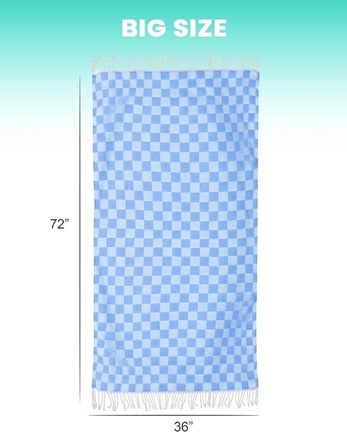 Cotton Turkish Beach Towels Vacation Essentials with Bag Quick Dry Sand Free Soft Adult Bath Pool Swim Long Wide Stripe Towel Cloud Linen Chamois Mat Summer Thing Lightweight Thin Travel Blue Plaid