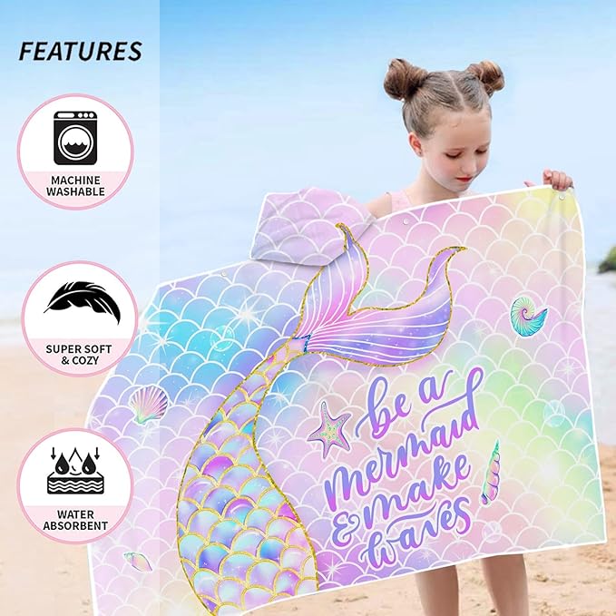 Bonsai Tree Mermaid Beach Towel, Mermaid Tail Towel for Girls with Hood, Kids Bath Hooded Poncho 30" x 50", Pink Scales Microfiber Absorbent Soft Bath Poncho Bathrobe for Swin Pool