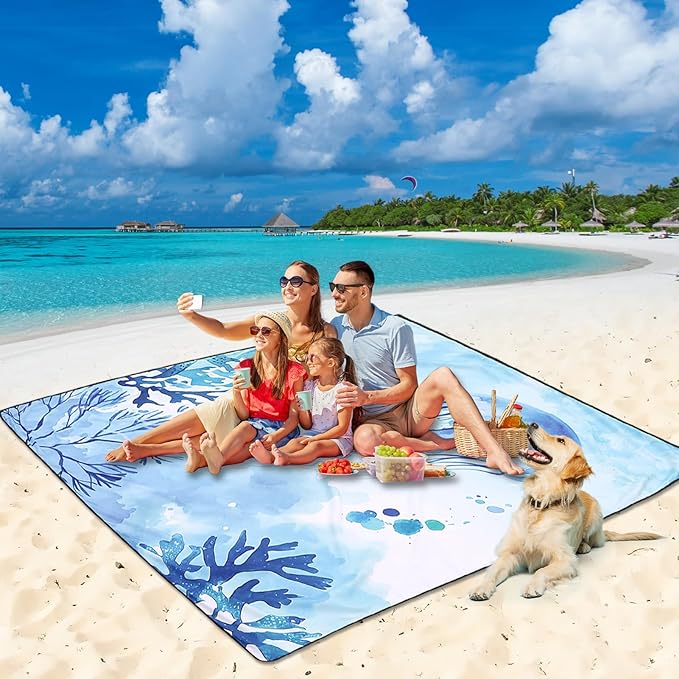 Beach Blanket Waterproof Sandproof Beach Mat for 1-8 Adults Quick Drying Durable Outdoor Picnic Mat for Beach Festival Travel Camping Hiking (Jellyfish, 79"×83"(4 Person))