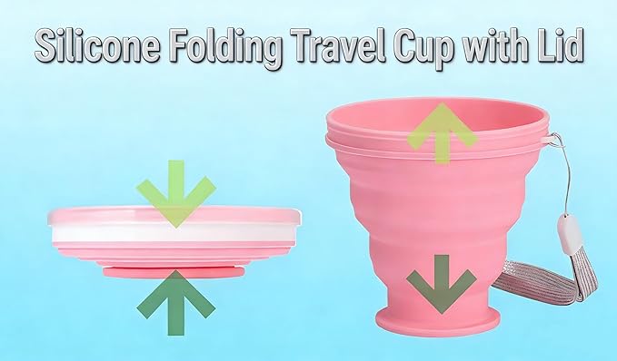 Silicone Folding Travel Cup with Lid - Expandable Reusable Drinking Mug for Camping, Hiking & Outdoor