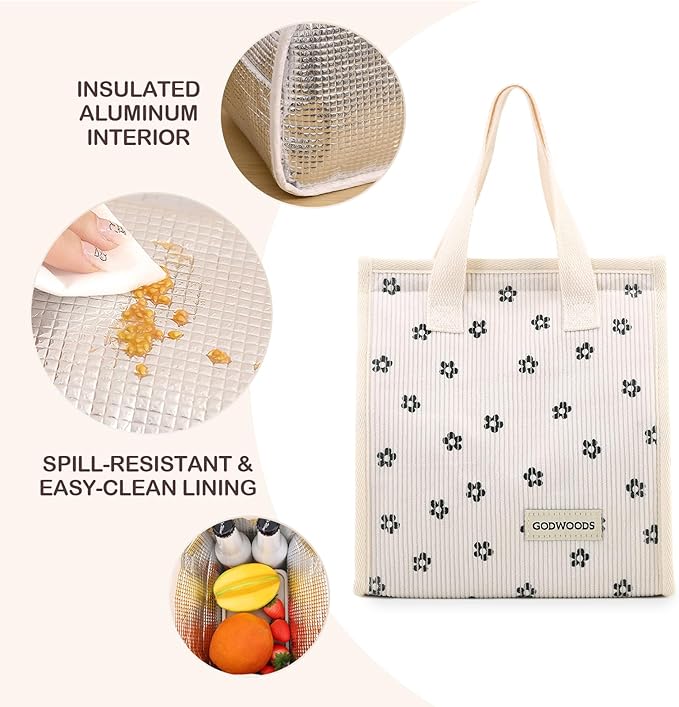 TELLUMO Corduroy Lunch Bag for Women Men Cute Lunch Bag Insulated Lunch Box with Large Capacity (7.5L) Reusable Lunchbag for Work, Picnic, Beach or Travel (S- Corduroy BlackClub)