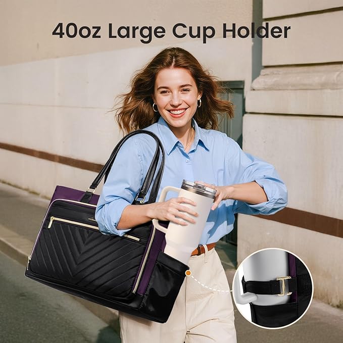 LOVEVOOK Tote Bag, Laptop Bag for Women with Large Cup Holder, Work Teacher Tote Bag with Large Cup Holder, Nurse Diaper Bag for Travel, Women's Handbags for Teacher gift, Black-Purple, 15.6 Inch