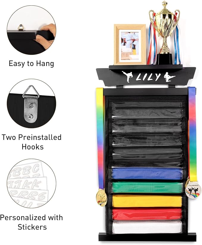 Tilhumt 10/12 Belts Karate Belt Display Rack with Photo Shelf, Felt Taekwondo Belt Display Rack Martial Arts Belt Display for Adults TKD, BJJ