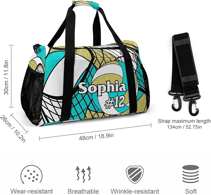 Custom Volleyball Turquoise Gold Duffel Bag with Name Personalized Travel Bags Sport Gym Bag Carry On Weekender Bags for Men Women