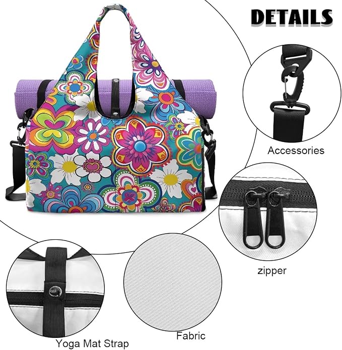 Colorful Hippie Flowers Gym Bag for Women with Shoes Compartment Carry on Weekender Overnight Bags Travel Duffel Bags Sports Workout Yoga Carrier Ladies Gifts