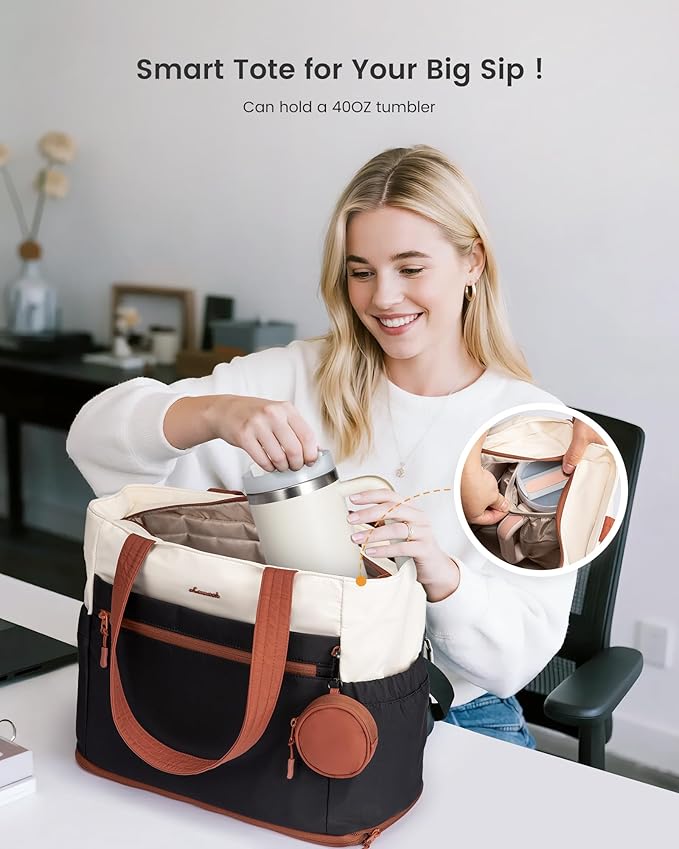 LOVEVOOK Tote Bag for Women, Expandable Laptop Work Bag 15.6 Inch, 33L Large Travel Handbag with 40oz Tumbler Holder, TSA