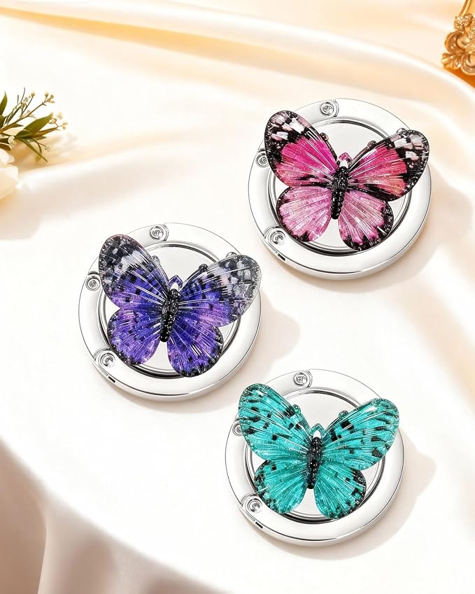 3 Pack Butterfly Foldable Handbag Hanger Holder, Folding Hooks for Womens Bag Purse Table Hook, Space Saving Colorful Decor Hook