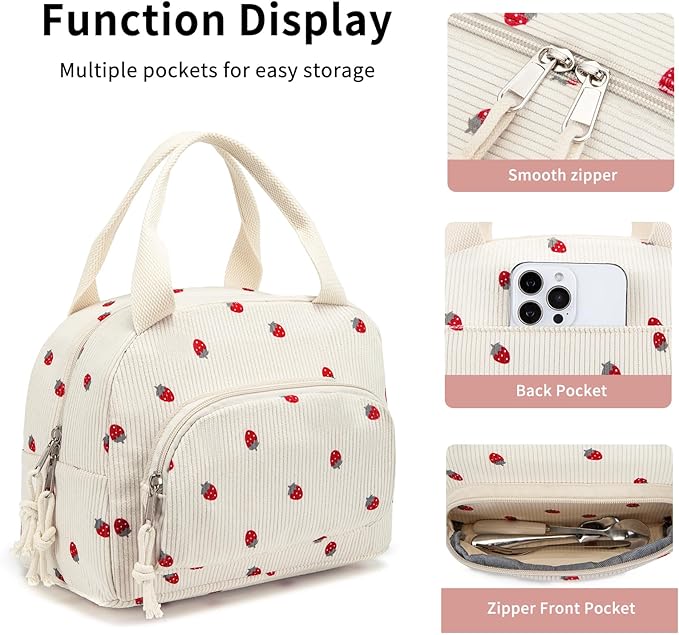 Lunch Bag Women Lunch Box for Women Adult Cute Insulated Lunch Bag Small Cooler Lunch Tote Bags for Work Picnic School (Beige-Strawberry)
