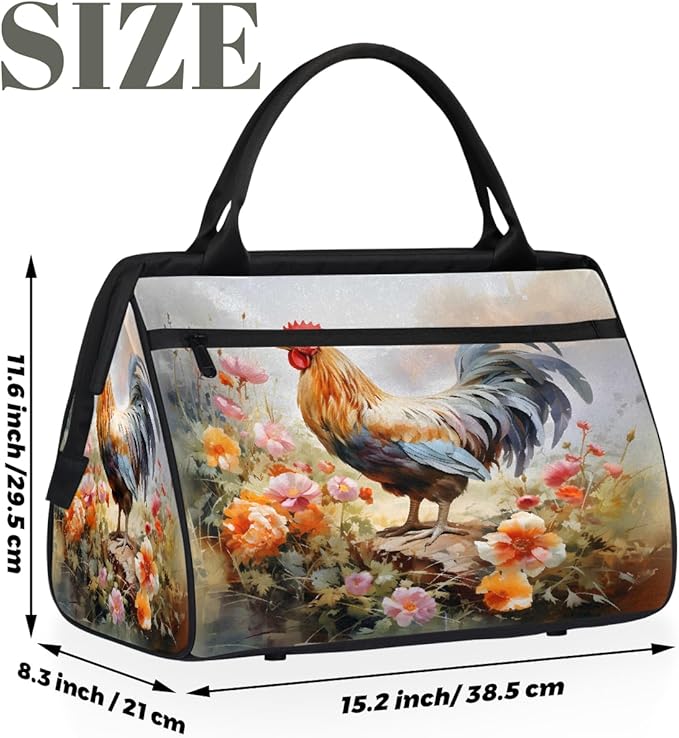Multipurpose Duffle Bag, Waterproof Carry On Bag with Spacious Design, Watercolor Rooster Gym Bags, 15.2x8.3x11.6in