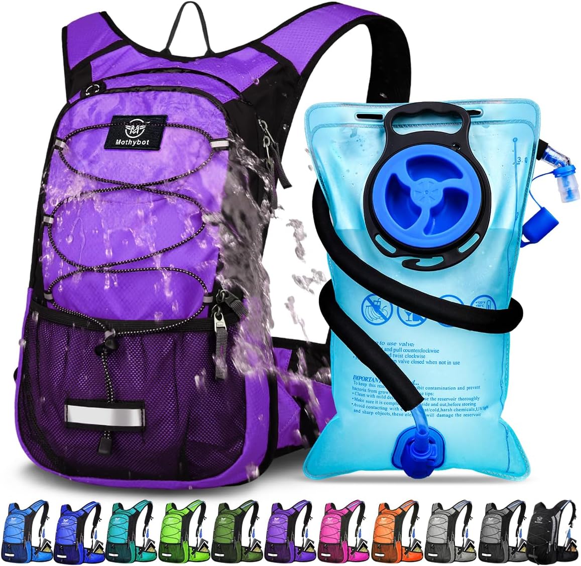 Insulated Hydration Backpack Pack with 3L BPA Free Leak Proof Water Bladder, Large Storage Lightweight Hiking Daypack with Waist Pouches & Cooler Layer, for Running, Biking, Camping, Festival