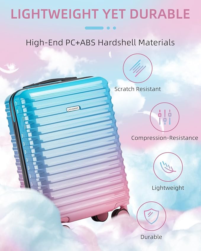 LARVENDER Carry on Luggage 22x14x9 Airline Approved, Expandable 20 Inch Hardside Large Suitcase with Wheels TSA Lock, Lightweigh PC+ABS Travel Carry-on Suitcases for Women and Men, Cotton Candy