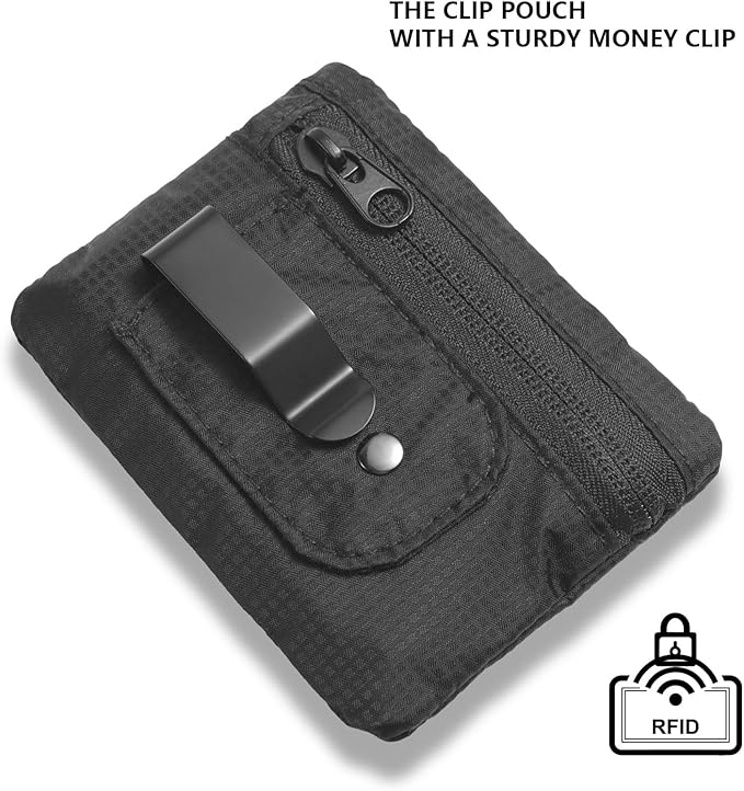 RFID Blocking Clip Stash Pocket, Compact Hidden Travel Belt Wallet for Cards & Cash - Slim Pickpocket-Proof Design for Everyday Carry, Black