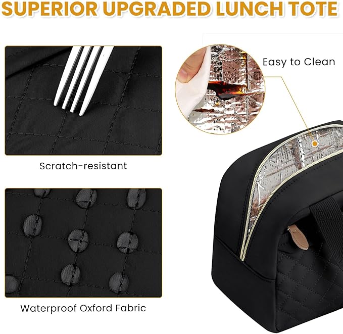 Insulated Lunch Bag for Women, Portable Lightweight Lunch Box for Adults, Reusable Lunch Tote Cooler Bags with Front Zipper Pocket for Work School Picnic(Black, Large)