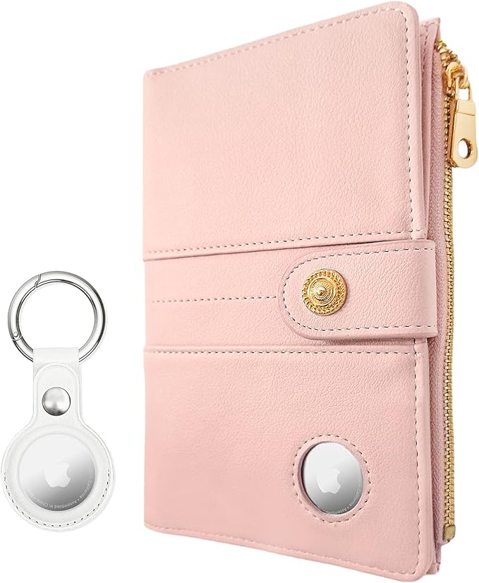elzama Passport Holder with Airtag Slot for Travel Women, RFID Passport Wallet with Airtag Holder, Zipper Pocket Card Slots Pen Holder & Airtags Keychain (Air tag Not Included) Pink