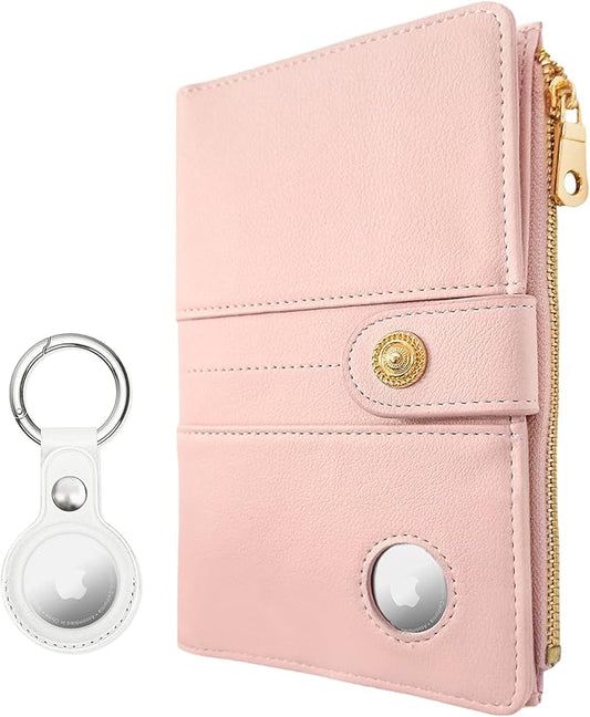 elzama Passport Holder with Airtag Slot for Travel Women, RFID Passport Wallet with Airtag Holder, Zipper Pocket Card Slots Pen Holder & Airtags Keychain (Air tag Not Included) Pink