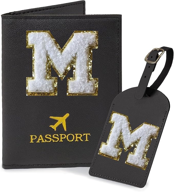 COSHAYSOO Black Initial Passport Cover Holder and Luggage Tag Set TSA Approved with Alphabet Chenille Letter Patch for Women Teenager Girls, PU Leather Traveling Bag Suitcase Identifier (M)