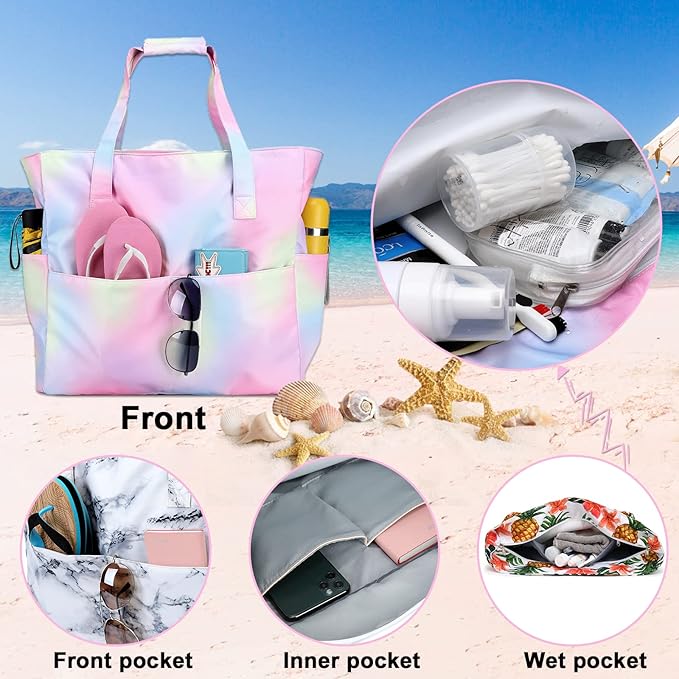Bluboon Beach Bags for Women, Large Waterproof Tote Bag With Wet Compartment for Pool Weekender Travel Gym