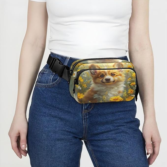 Cute Corgi Puppy Yellow Flowers Fanny Pack for Women Men Water Resistant Fashion Waist Packs with Adjustable Strap Belt Bag for Travel Workout Jogging Hiking 21219846
