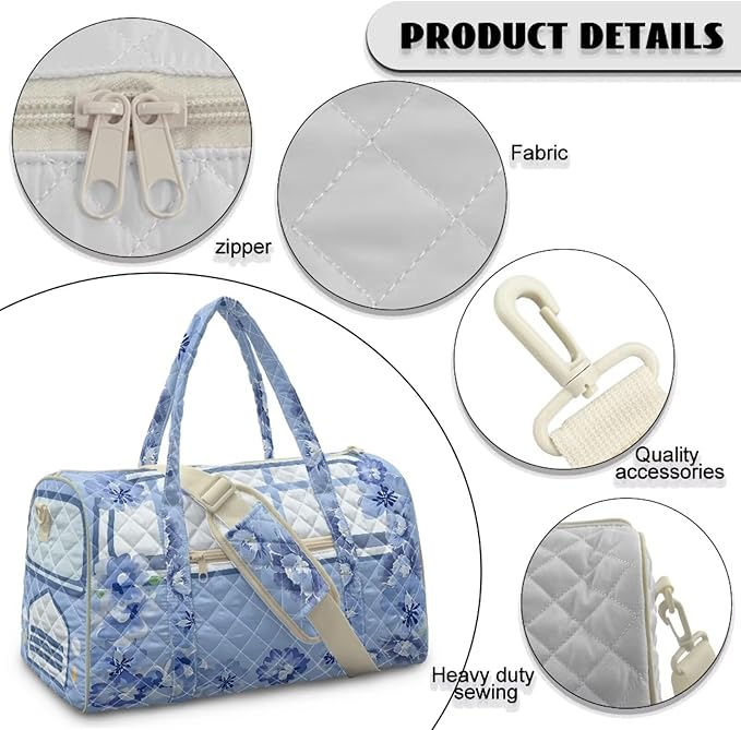 COEQINE Quilted Tote Bag Large Car Duffel Bag Women Travel Blue White Floral Camping Car Gym Bag for Womens for Overnight, Weekend, Yoga