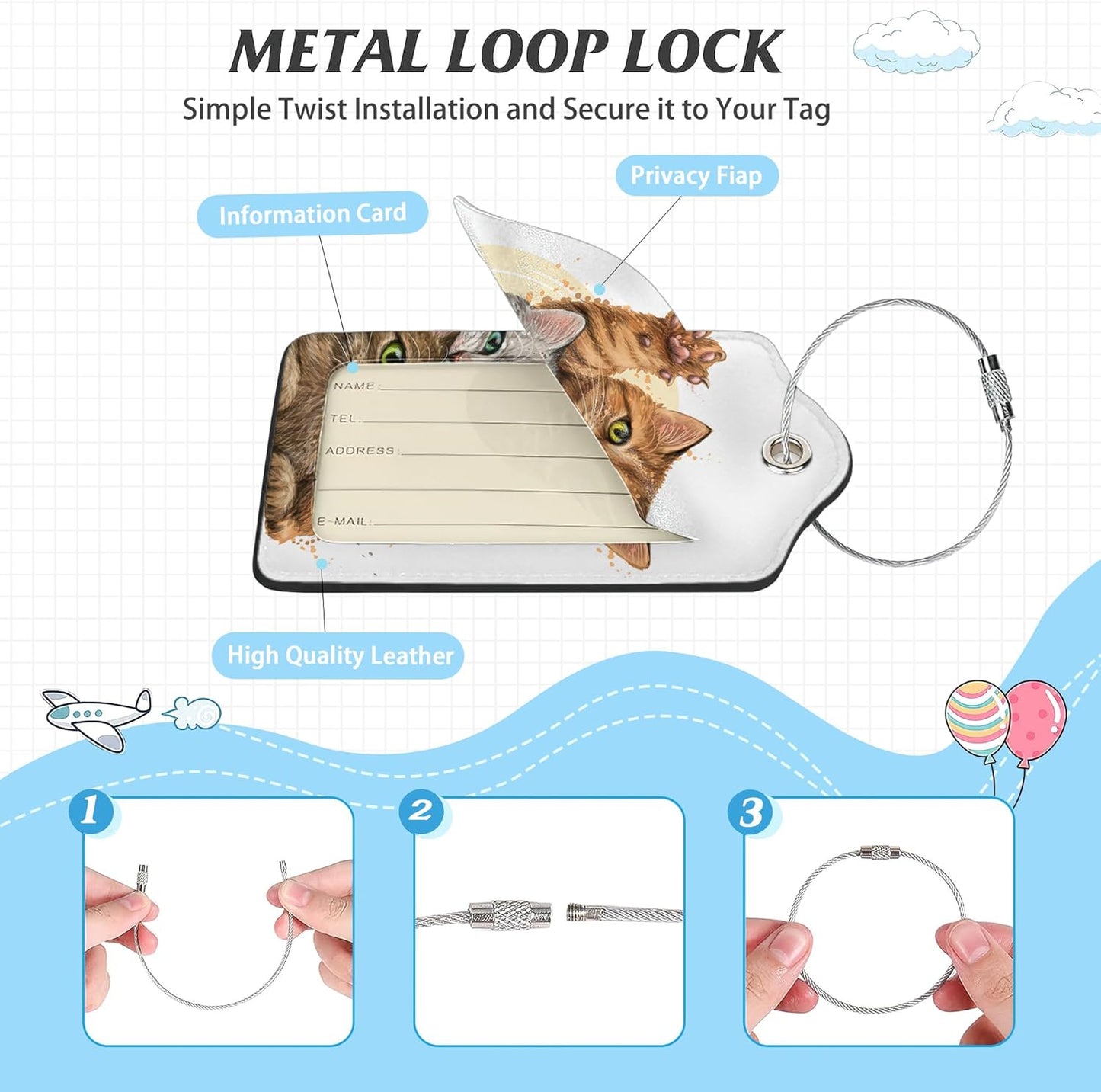 3 Pack Luggage Tag for Suitcase,Cute Funny Cat Leather Luggage Tags with Privacy Cover Name ID Label Identifiers Travel Bag Tags for Women Men Boys Girls