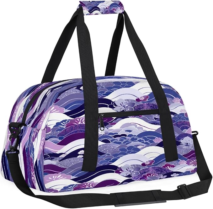 Duffle Bag for Women Men, Purple Wave Flower Texture Gym Bag for Travel Sports, Lightweight Waterproof Weekender Overnight Bags with Adjustable Strap