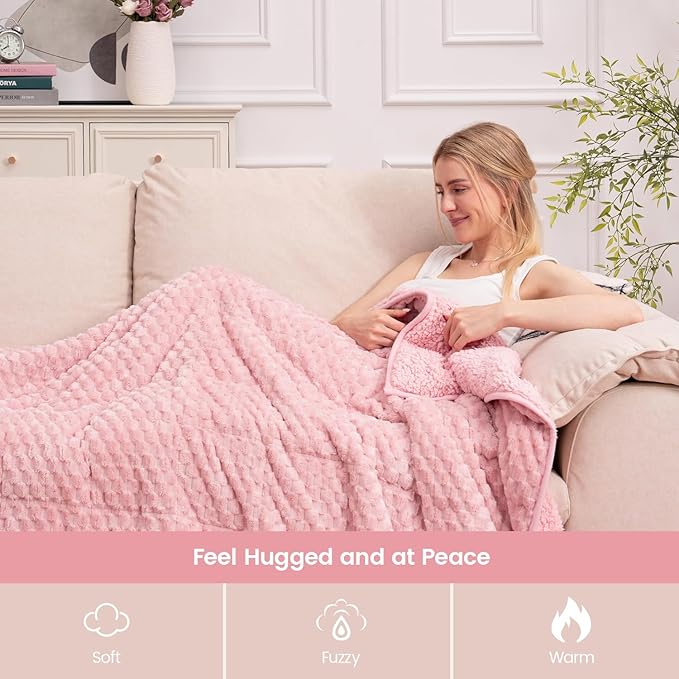 Super Fuzzy Soft Fleece Sherpa Weighted Blanket 15 lbs for Adults, 3D Imitation Turtle Shell Luxury Weighted Throw for Better Sleep, Dual Sided Cozy Heavy Blankets for Couch Bed, Pink, 60" x 80"