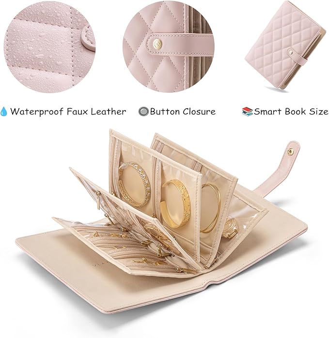 Vlando Jewelry Book Organizer - Leather Travel Jewelry Case with 5 Detachable Pages for Necklaces, Rings, Earrings, Tangle-Free, Giftable,Barely Pink